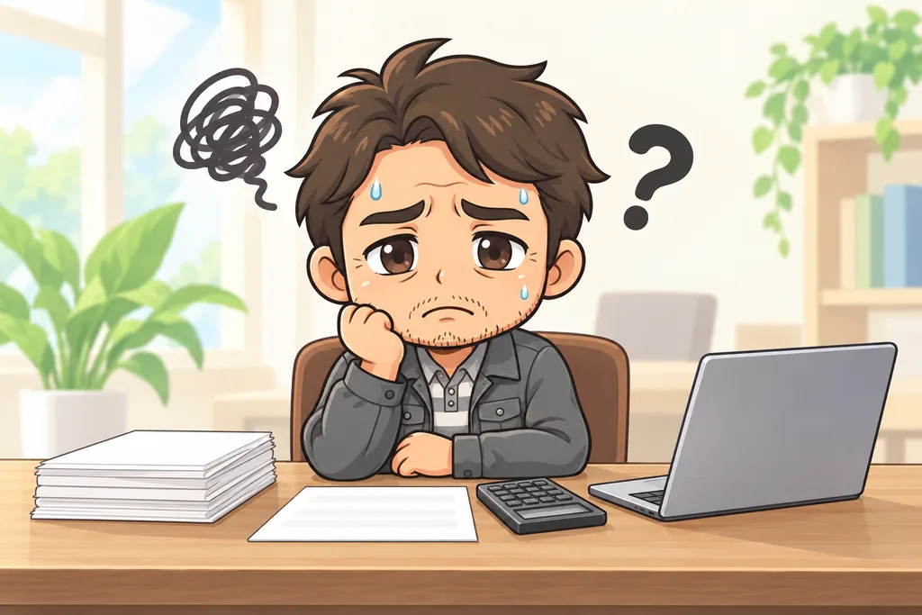 机でほおづえをつき、何から手をつけるか迷っている事業者のイラスト